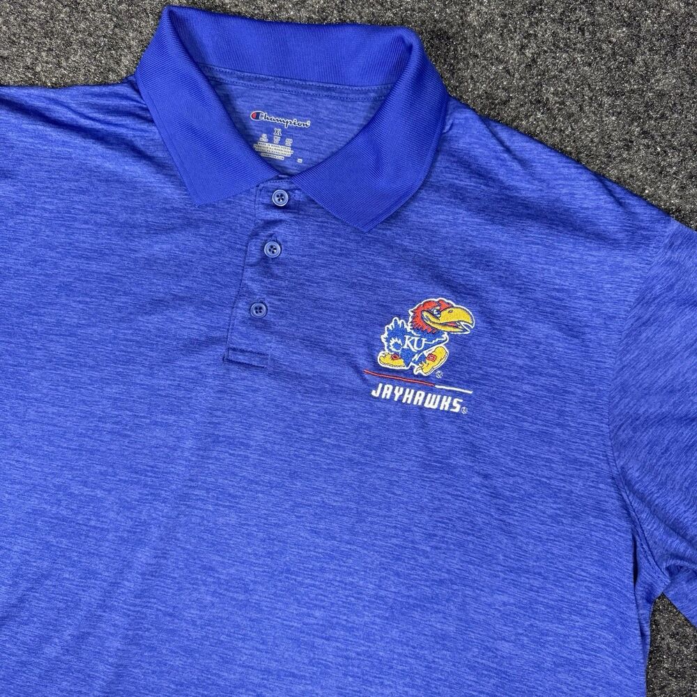 Champion KU Kansas Jayhawks Polo Shirt Mens XL Blue Performance Short Sleeve